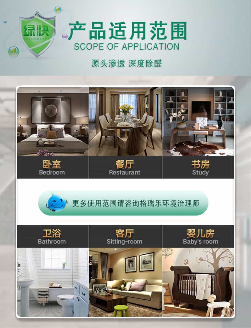 產(chǎn)品適用范圍，SCOPE OF APPLICATION,源頭滲透，深度除醛，臥室，Bedroom,餐廳，Restarant,書房，Study，衛(wèi)浴，Bathroom,客廳，Siting-room,嬰兒房，Baby' room,更多使用范圍請咨詢格瑞樂環(huán)境治理師